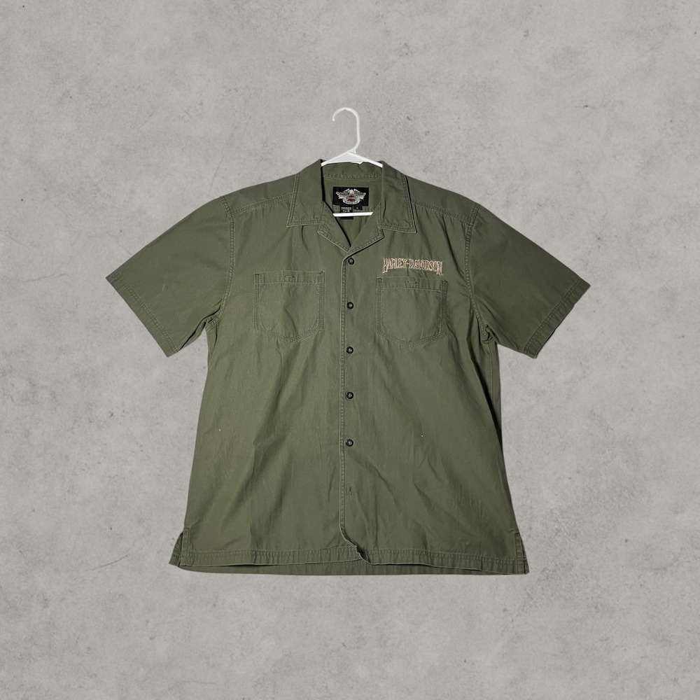 Harley-Davidson Mens Olive Green Short Sleeve Button Down Shirt Large Motorcycle